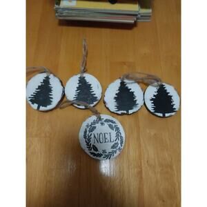 Handmade Wood Christmas Bauble Ornaments Set of 5 Tree Wreath Designs